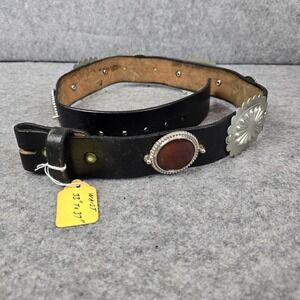 Concho Western Belt 33" Black Leather Silver Tone Red Stone Studded